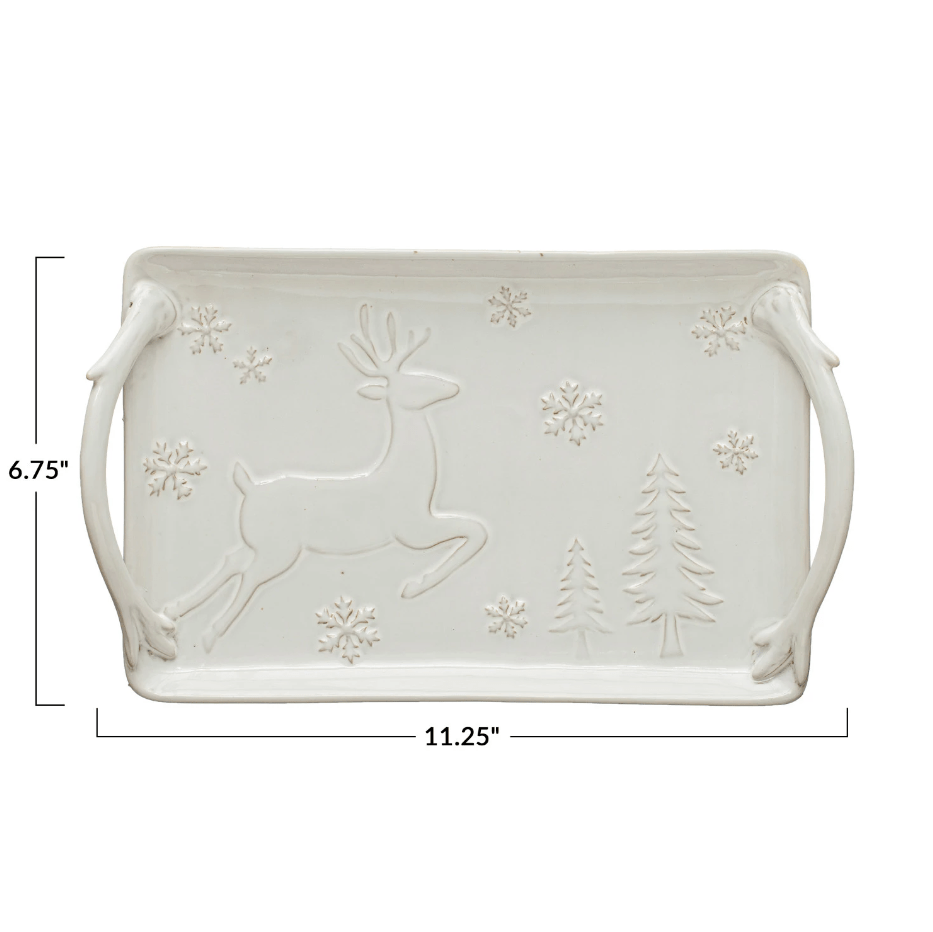 Debossed Stoneware Tray with Deer Snowflakes & Trees