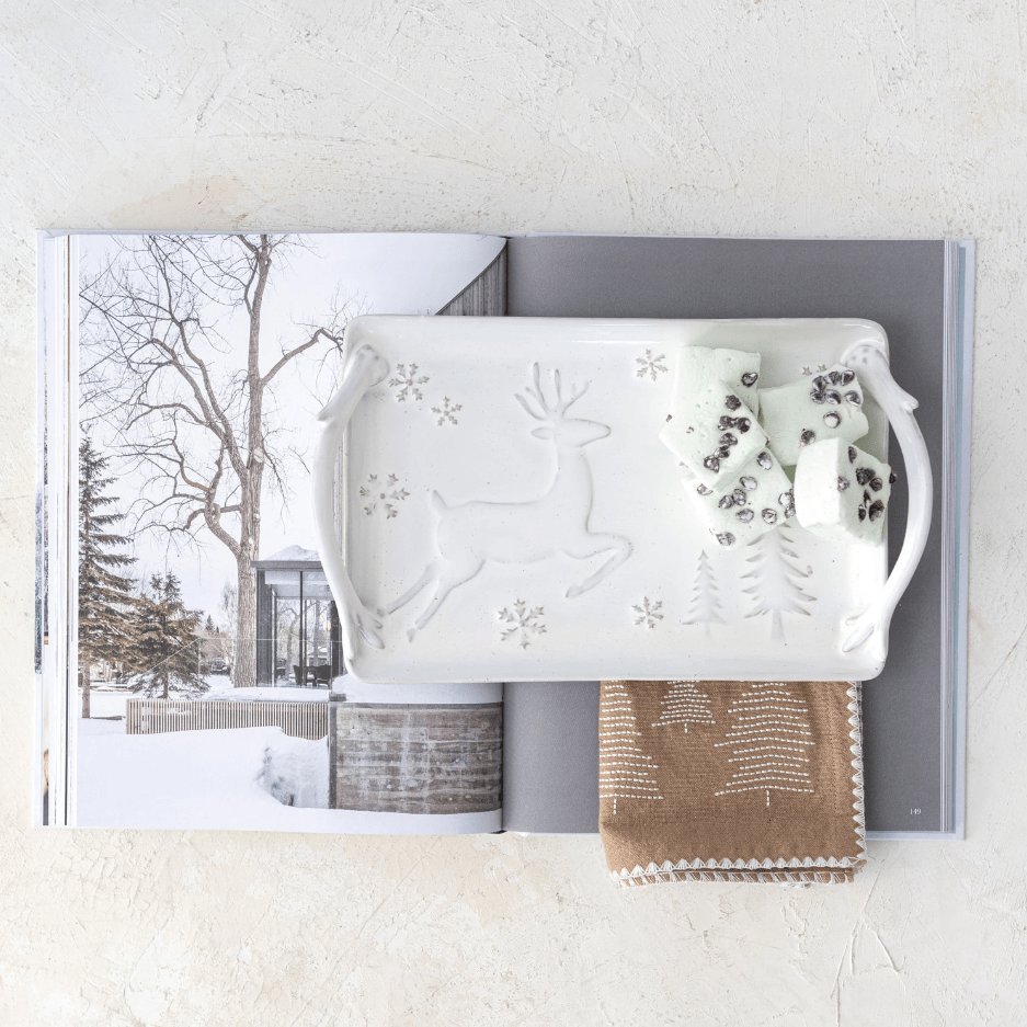 Debossed Stoneware Tray with Deer Snowflakes & Trees