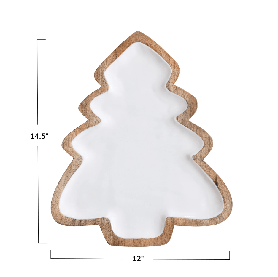 Enameled Mango Wood Christmas Tree Shaped Tray White & Natural