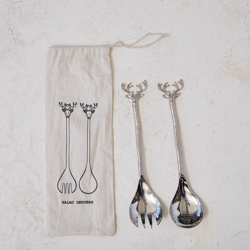 Salad Servers with Reindeer Handles Stainless Steel & Brass 2pc