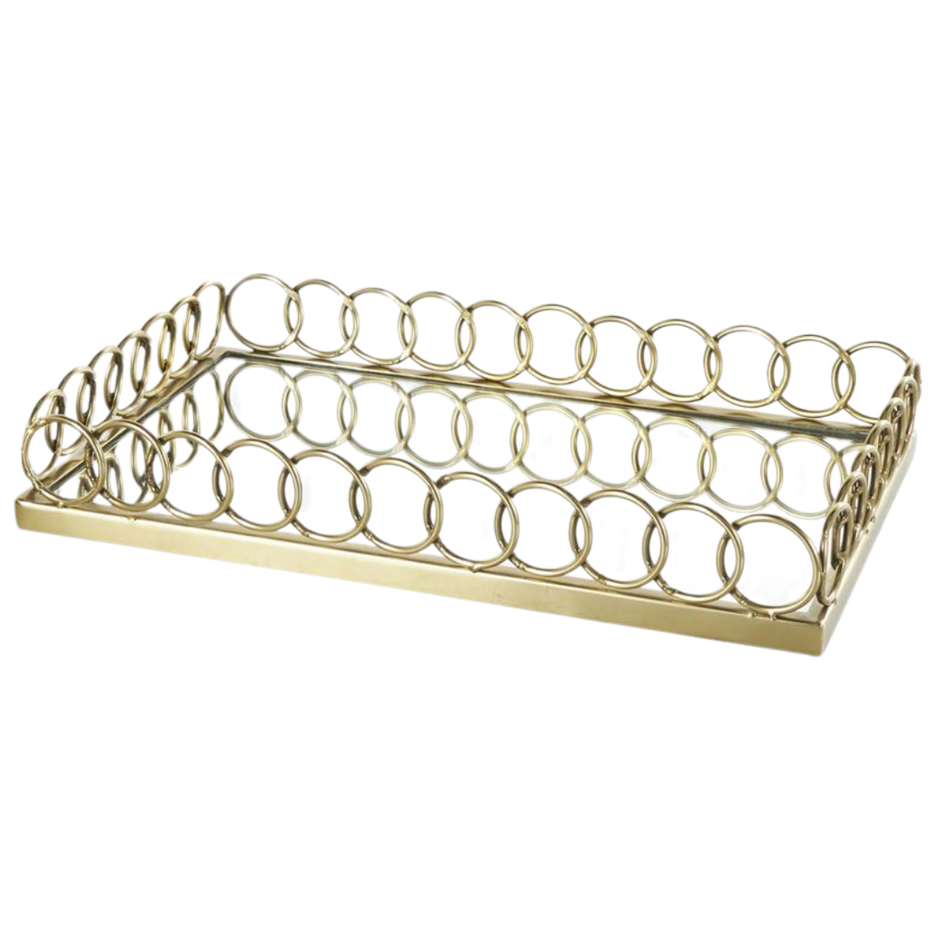 Mirrored Tray With Gold Rings Frame 14in