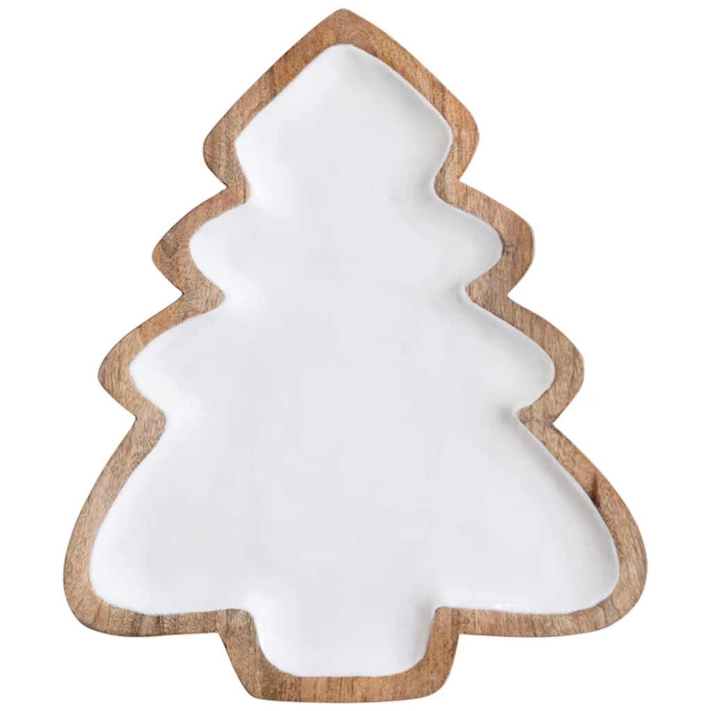 Enameled Mango Wood Christmas Tree Shaped Tray White & Natural