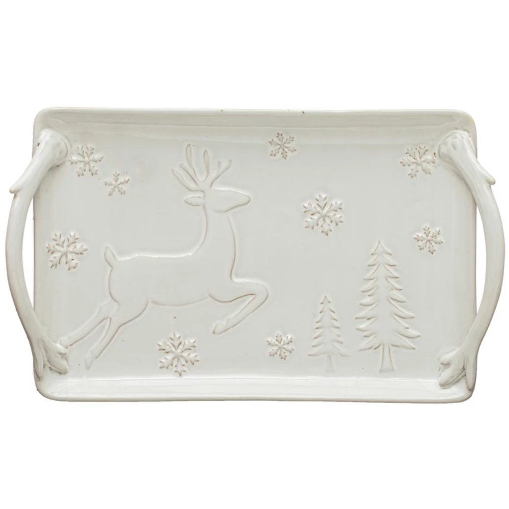 Debossed Stoneware Tray with Deer Snowflakes & Trees