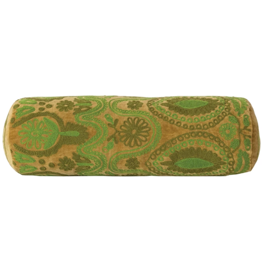 Velvet Embroidered Bolster Pillow Green 21x7in