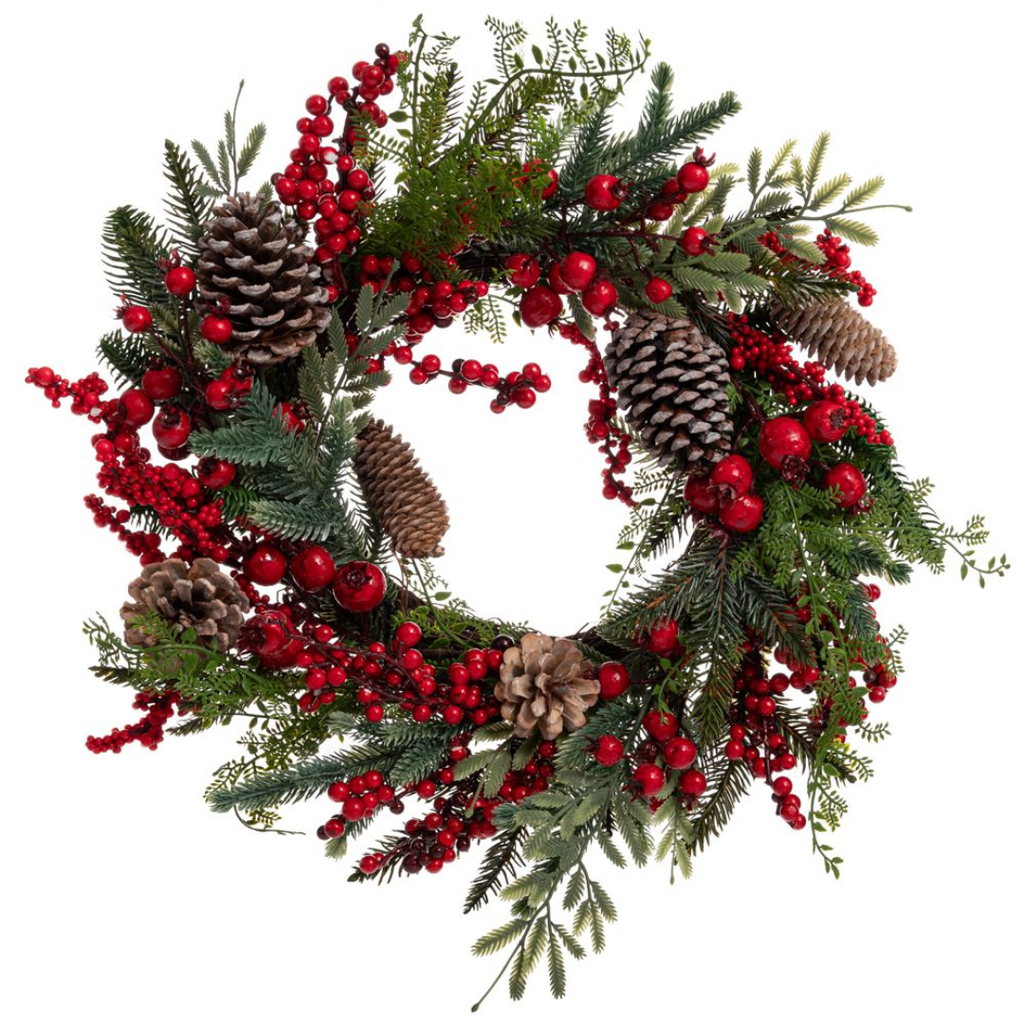 Wreath with Berries and Pine Cones Red 16in