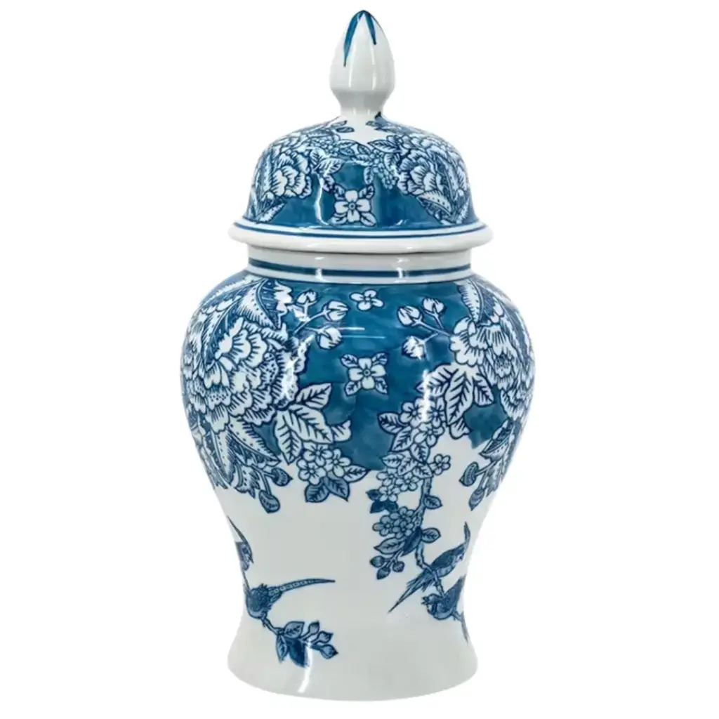 Floral Blue & White Ceramic Ginger Jar 12.5in