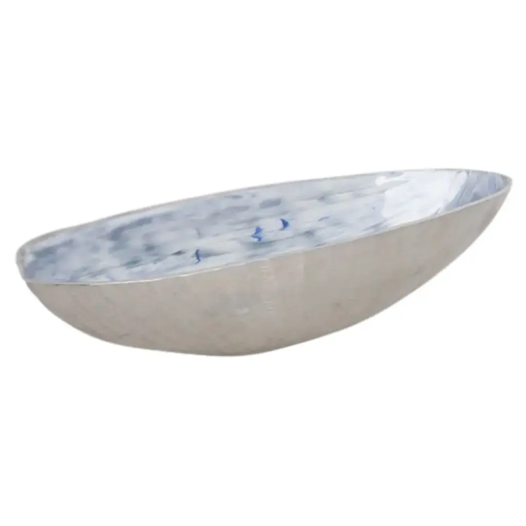 Oval Metal Bowl with Blue Enamel 23in