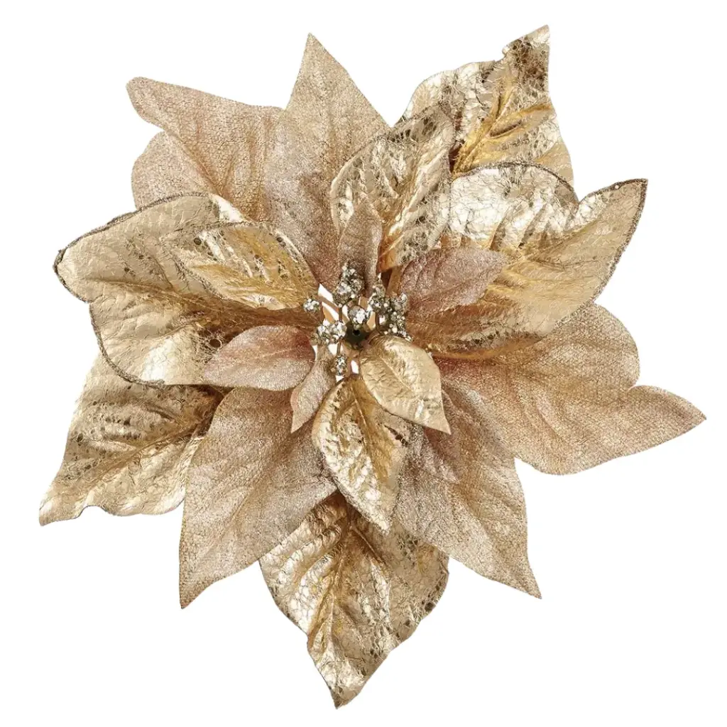 Metallic Poinsettia with Clip Gold 11in