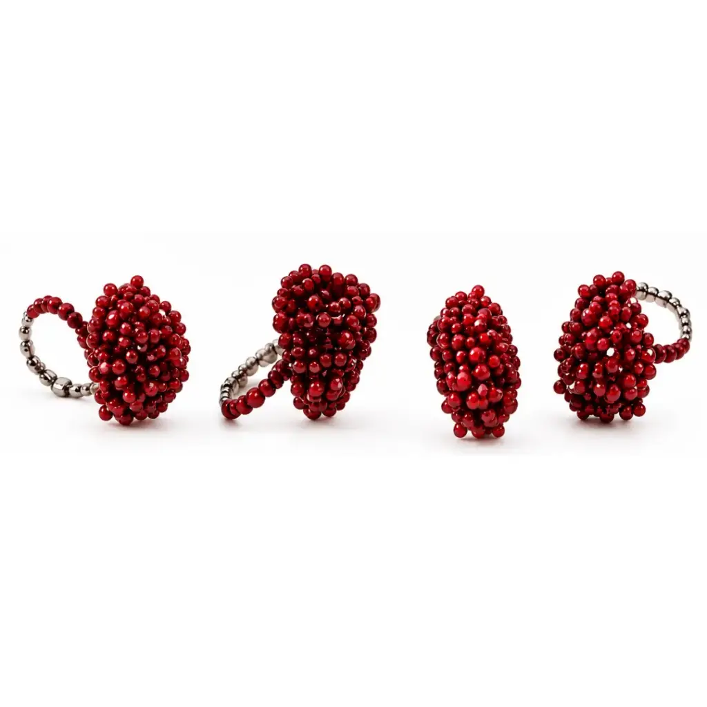 Beaded Tree Napkin Ring Set Red 4pc