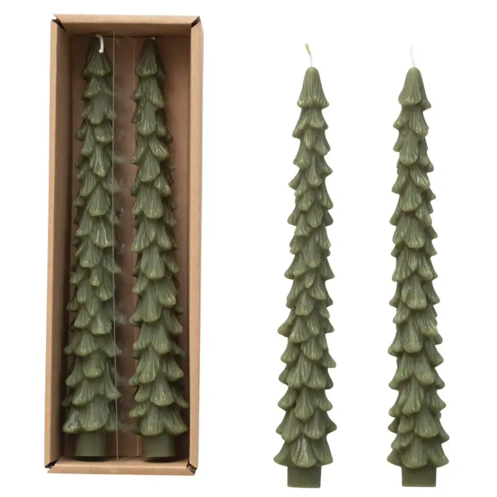 Unscented Tree Shaped Taper Candle Set Evergreen 10in 2pc