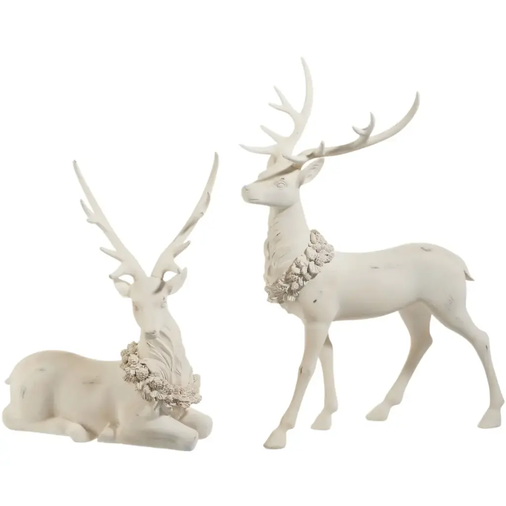 Deer with Holly Wreath Set White 18in 2pc