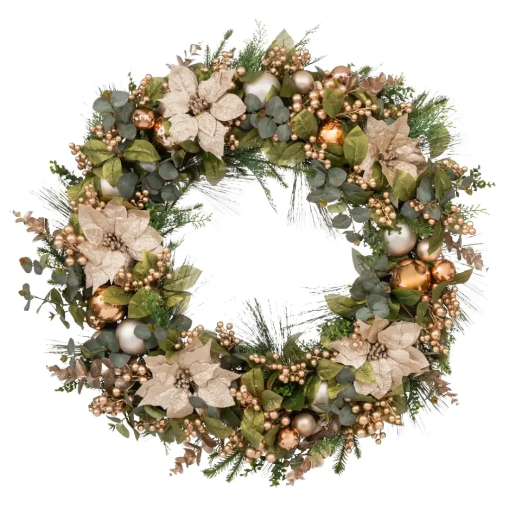 Wreath with Poinsettia and Baubles Champagne & Silver 26in