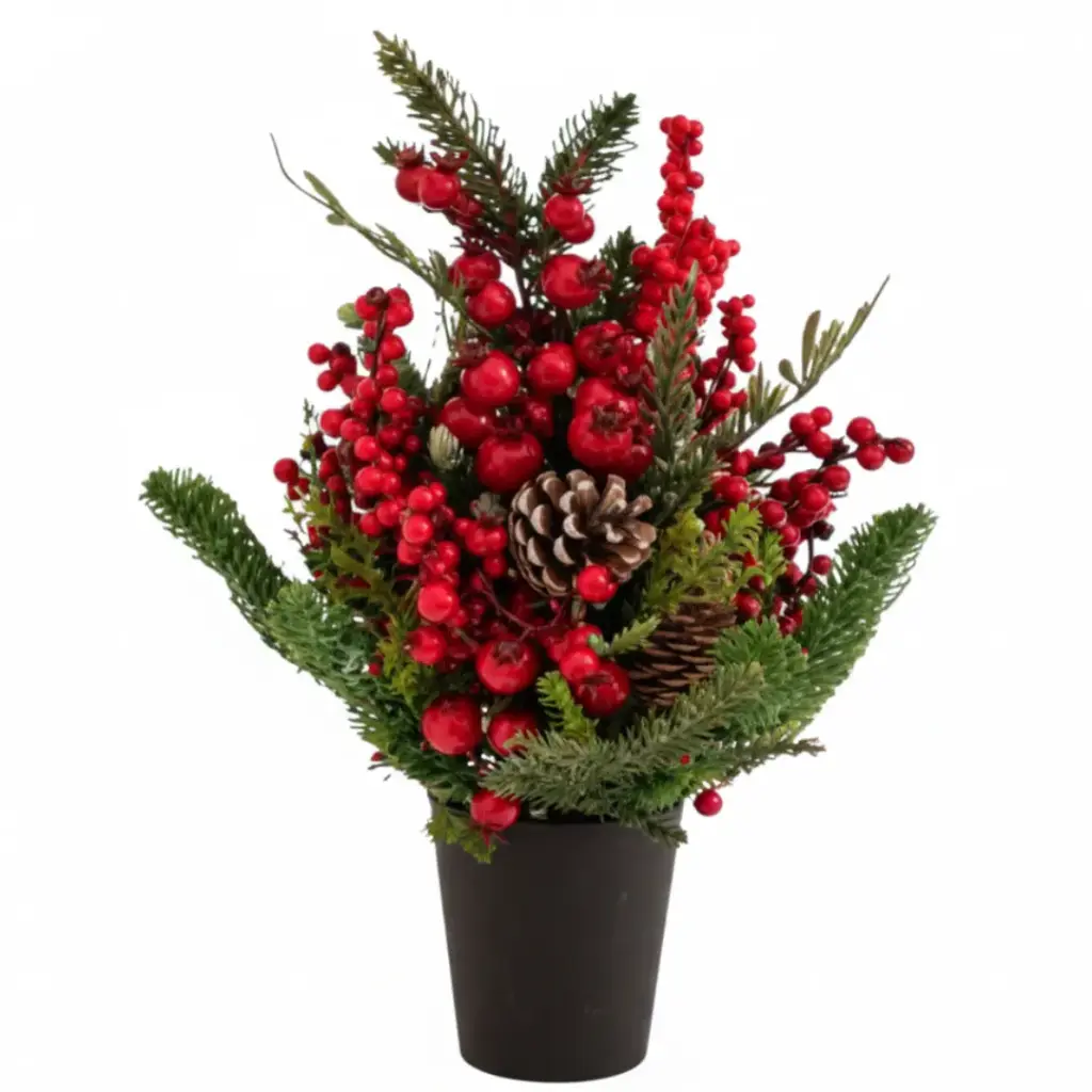 Potted Tree with Berries & Pine Cones 17in