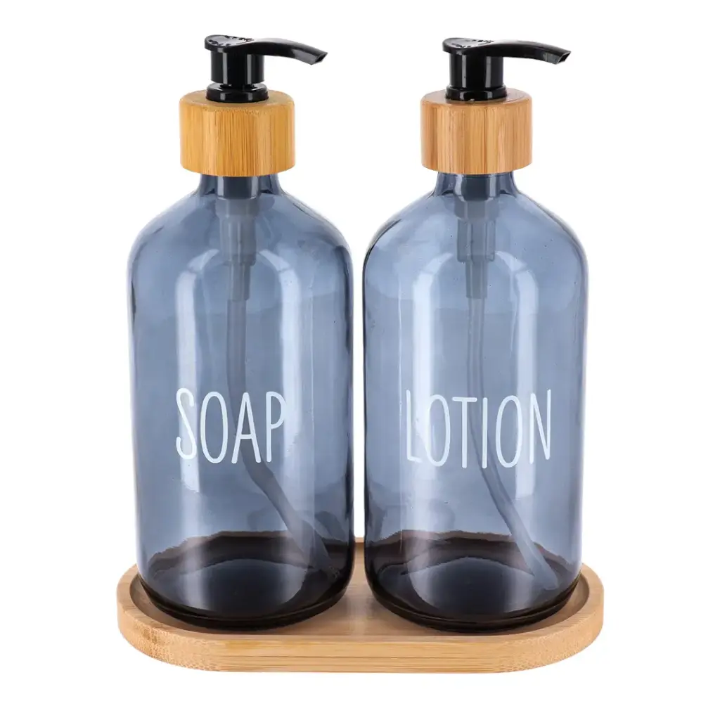 Glass Soap Dispenser & Bamboo Tray Set Blue 3pc