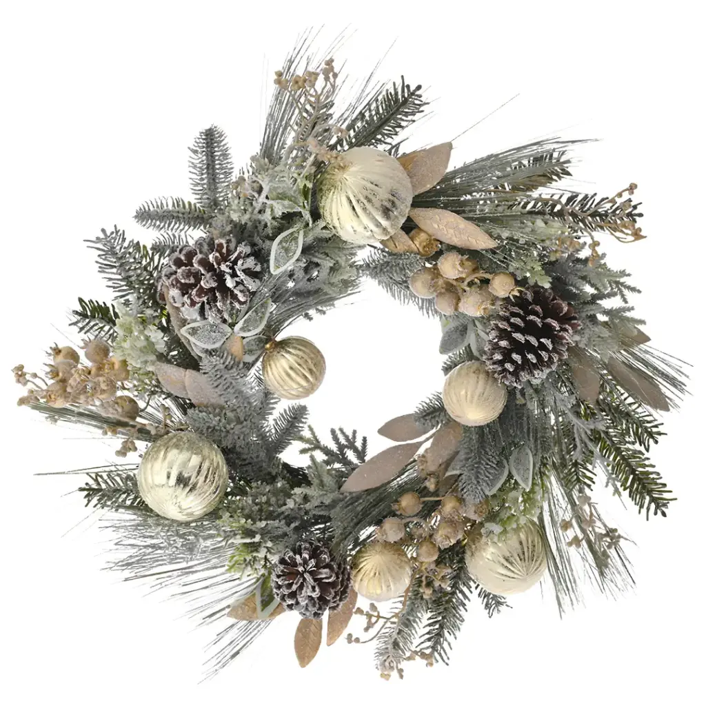 Frosted Wreath with Berries & Baubles Gold 21in