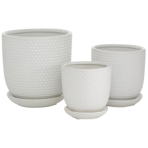 [172904-TT] White Textured Ceramic Planter with Attached Saucer 6in