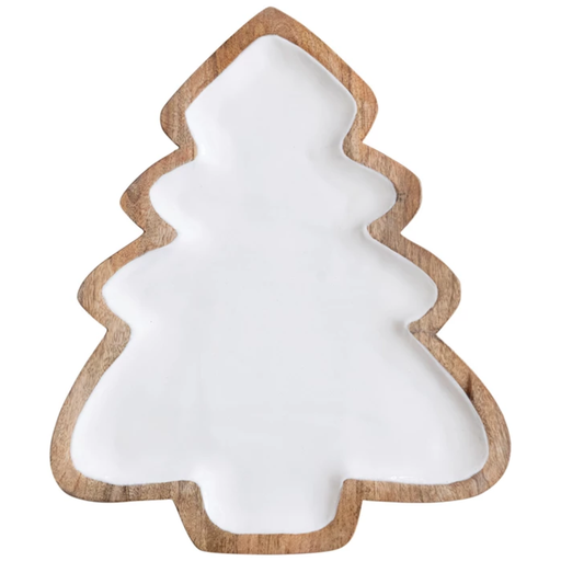 [176994-TT] Enameled Mango Wood Christmas Tree Shaped Tray White & Natural