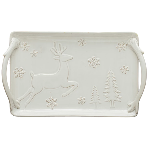 [176997-TT] Debossed Stoneware Tray with Deer Snowflakes & Trees