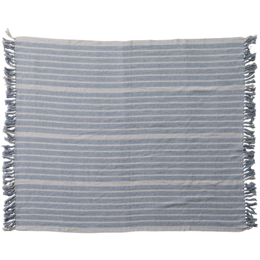 [178577-TT] Striped Cotton Throw With Fringe Blue Natural 60x50in