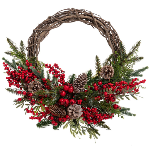 [179701-TT] Wreath with Berries and Pine Cones Red 20in