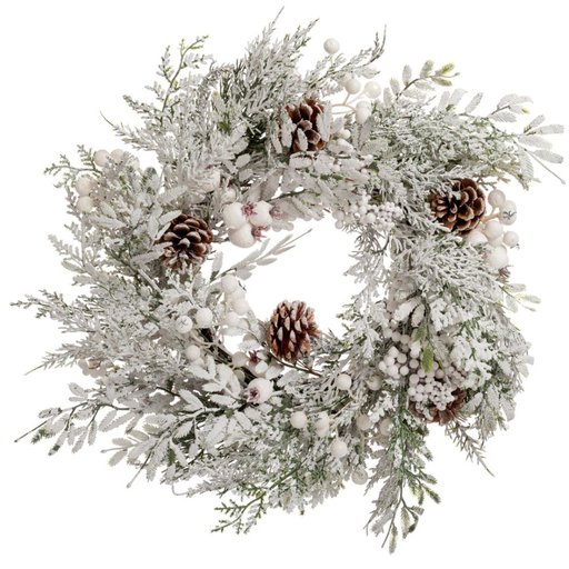 [179704-TT] Snowy Wreath with Berries and Pine Cones White 16in