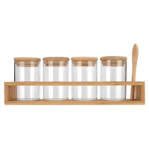 [180000-TT] Spice Jars with Bamboo Base & Spoon 6pc