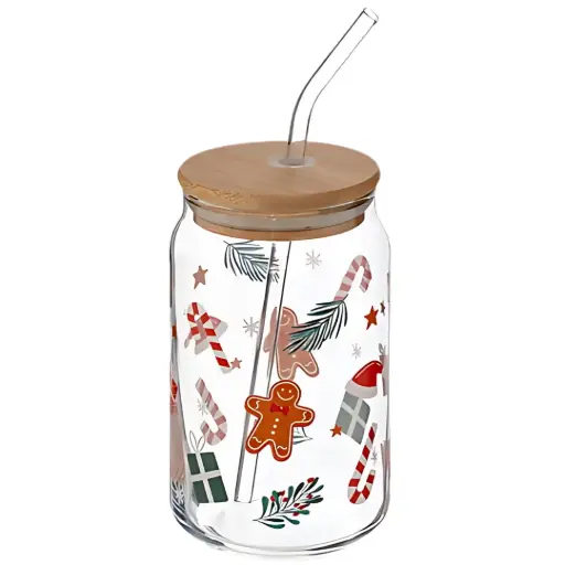 [181411-TT] Festive Glass Tumbler with Straw 480ml