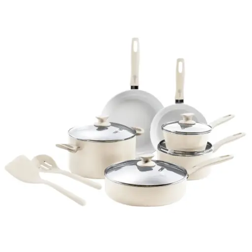 [182715-TT] Greenpan Dover Ceramic Nonstick Cookware Set Cream 12pc