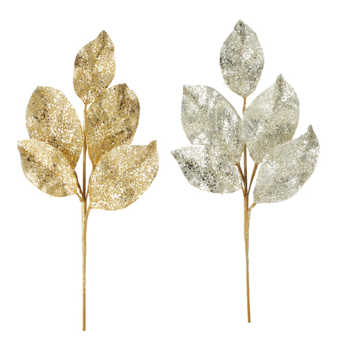 [167416-TT] Beaded Metallic Leaf Spray 24in Assorted