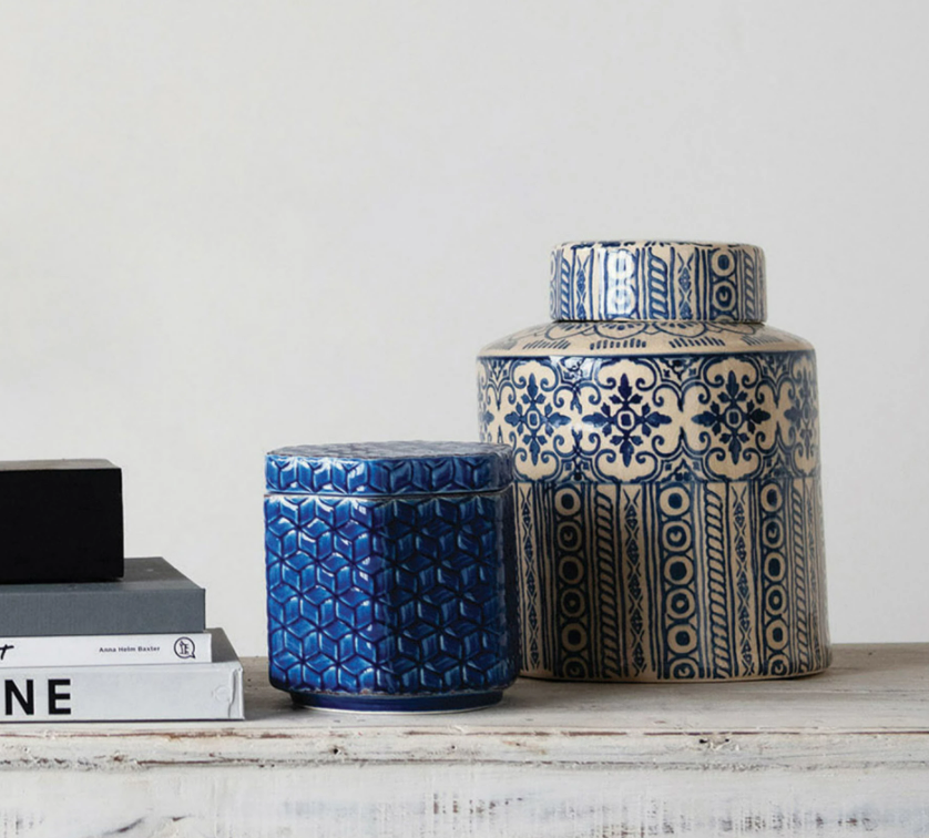 Decorative Stoneware Ginger Jar with Pattern 10in