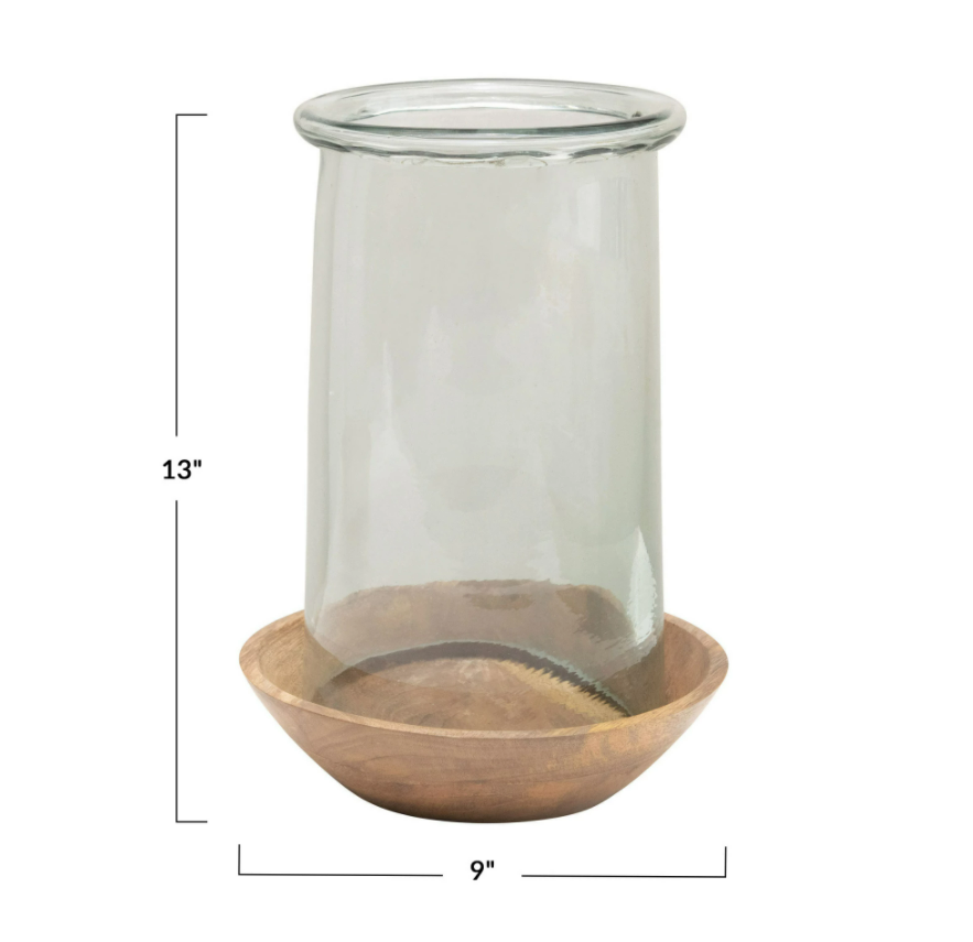Glass Hurricane with Wood Base 13in (set of 2)