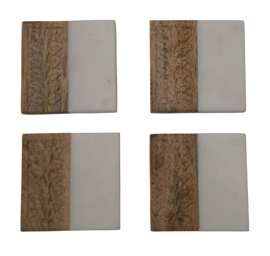 Marble and Hand-Carved Wood Coasters, Set of 5