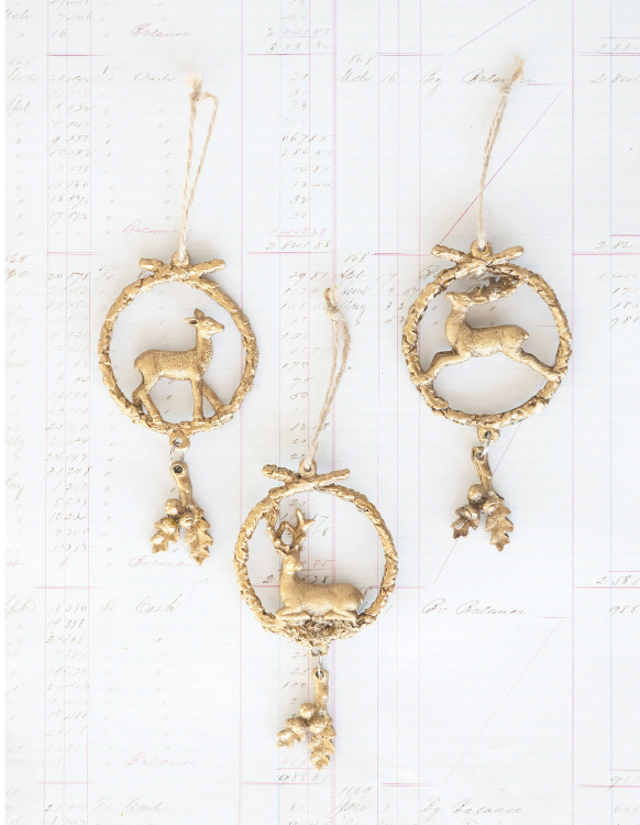 Gold Wreath Ornament with Deer and Holly 5in