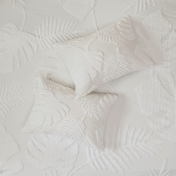 Bahari 3 Piece Tufted Cotton Chenille Palm Comforter Queen Set Off White
