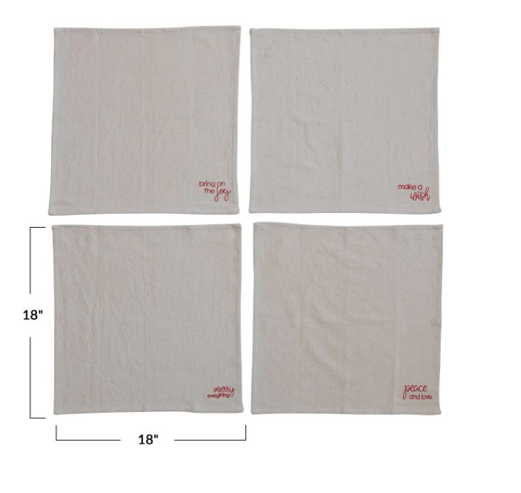 Square Cotton Napkins with Holiday Embroidery 18in Set of 4