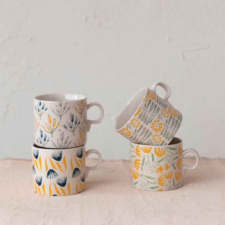 Hand-Painted Stoneware Mug w/ Wax Relief Flowers, 4 Styles 18 oz.
