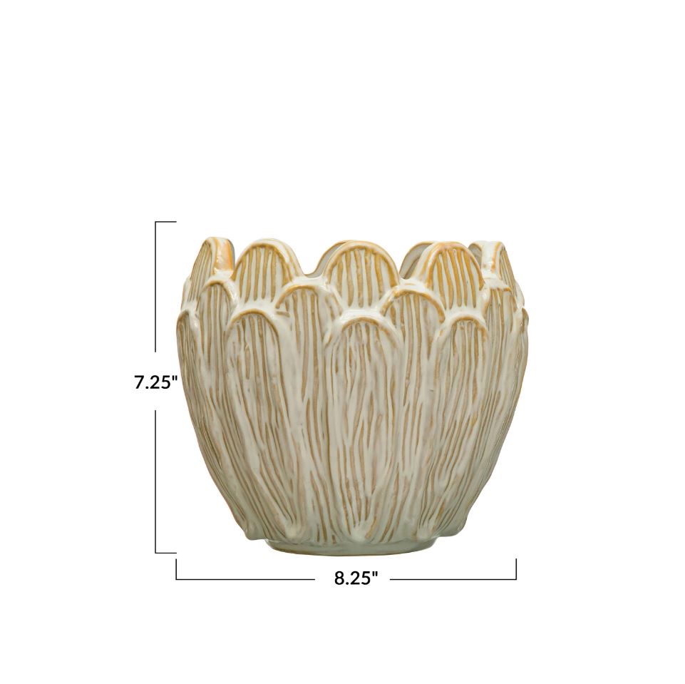 Debossed Stoneware Flower Shaped Planter, Reactive Glaze, Cream Color (Each One Will Vary)