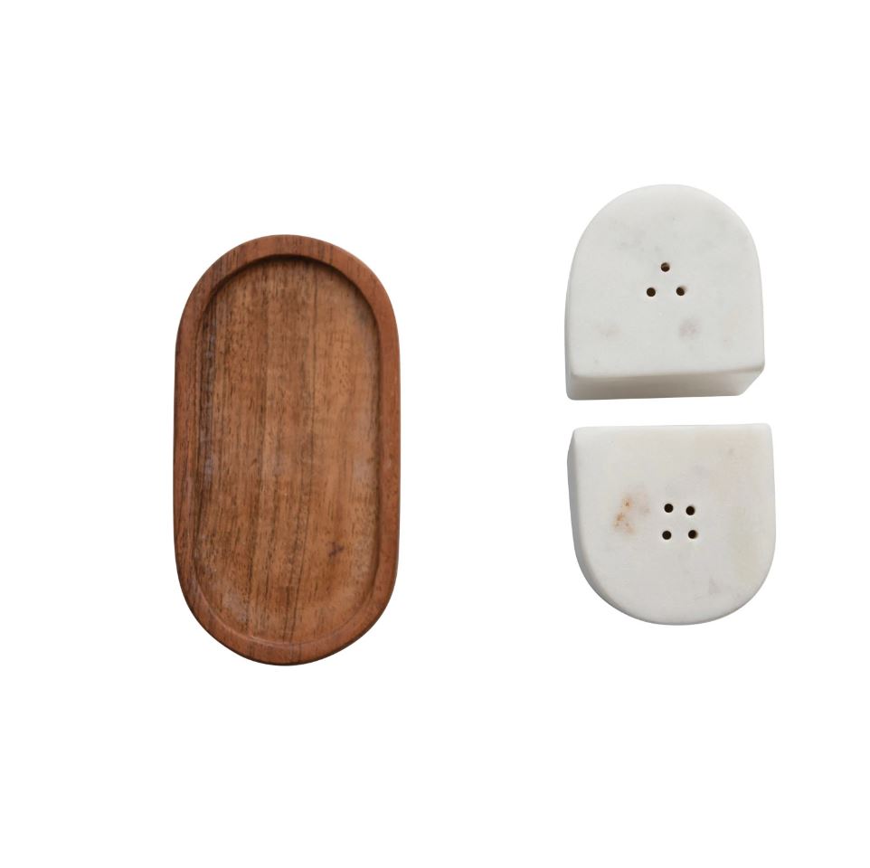 Marble Salt & Pepper Shakers w/ Acacia Wood Tray Set of 3