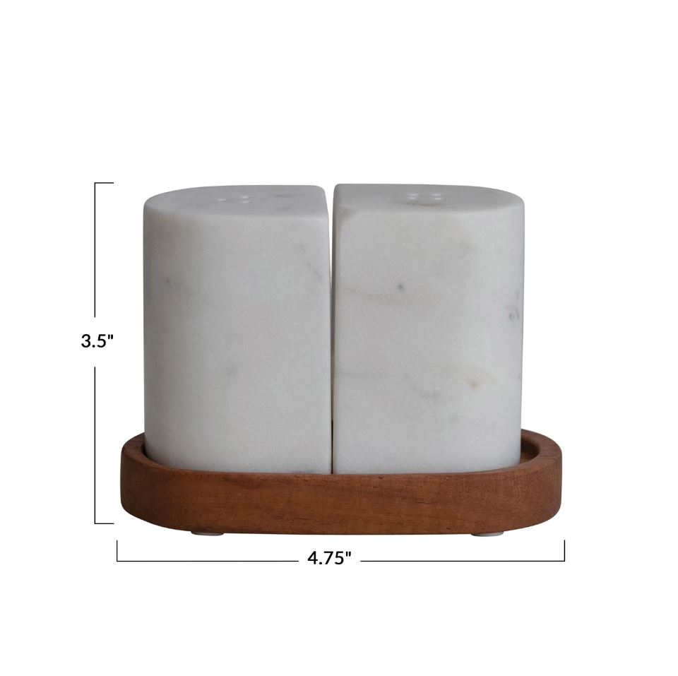 Marble Salt & Pepper Shakers w/ Acacia Wood Tray Set of 3