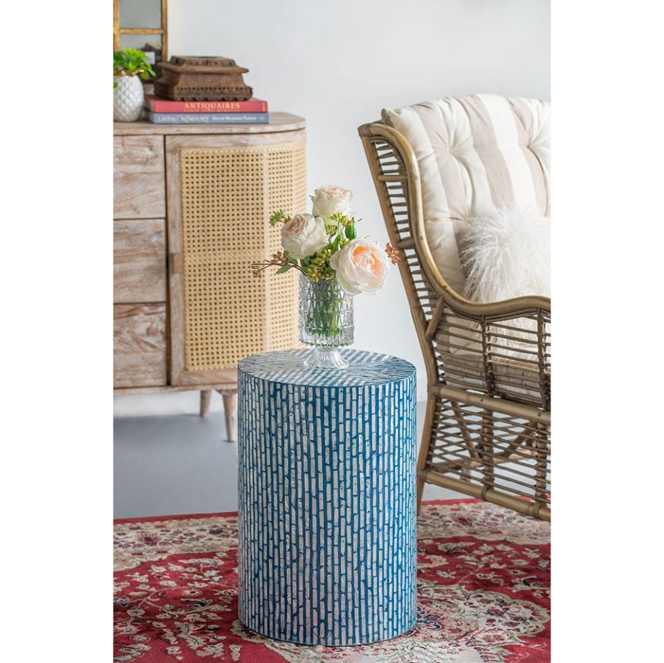 Blue Capiz Cylinder Stool 20in