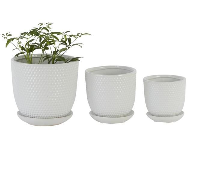 White Textured Ceramic Planter w/ Attached Saucer MD