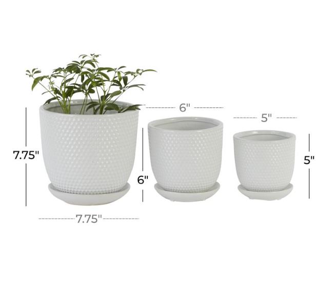 White Textured Ceramic Planter w/ Attached Saucer MD