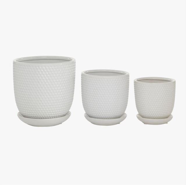 White Textured Ceramic Planter w/ Attached Saucer LG