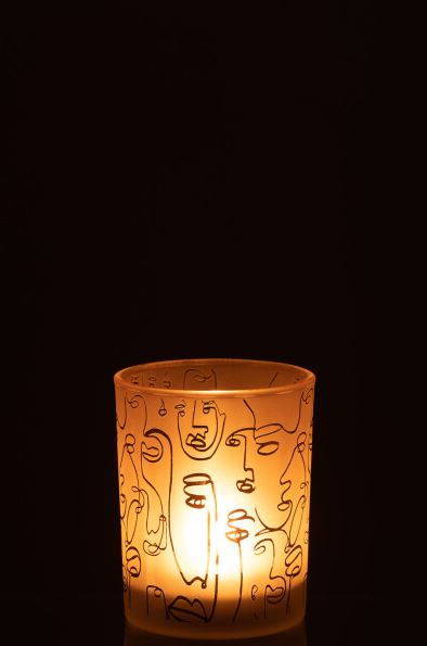 Happy Faces Glass Candleholder Beige 5in