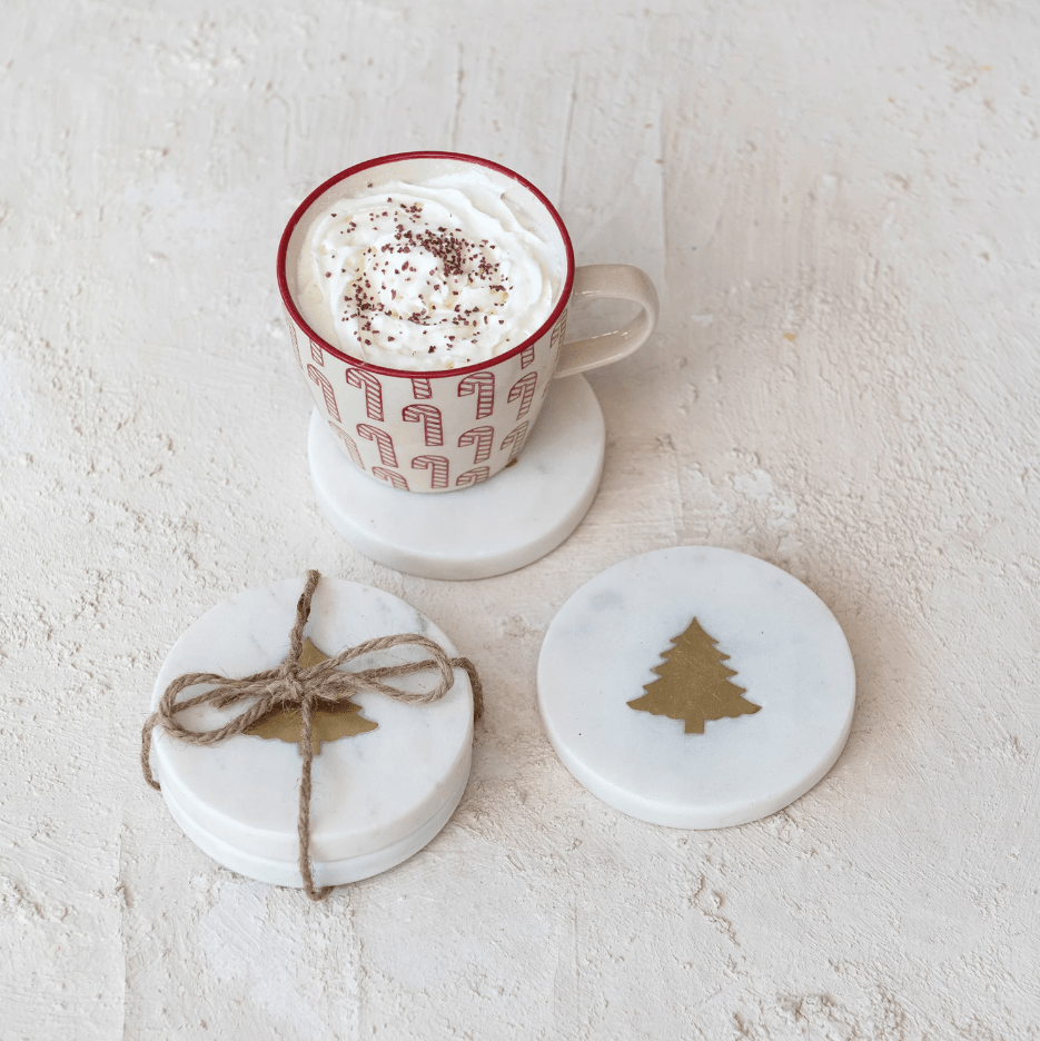 Round Marble Coasters with Brass Tree Inlay White 4in 4pc