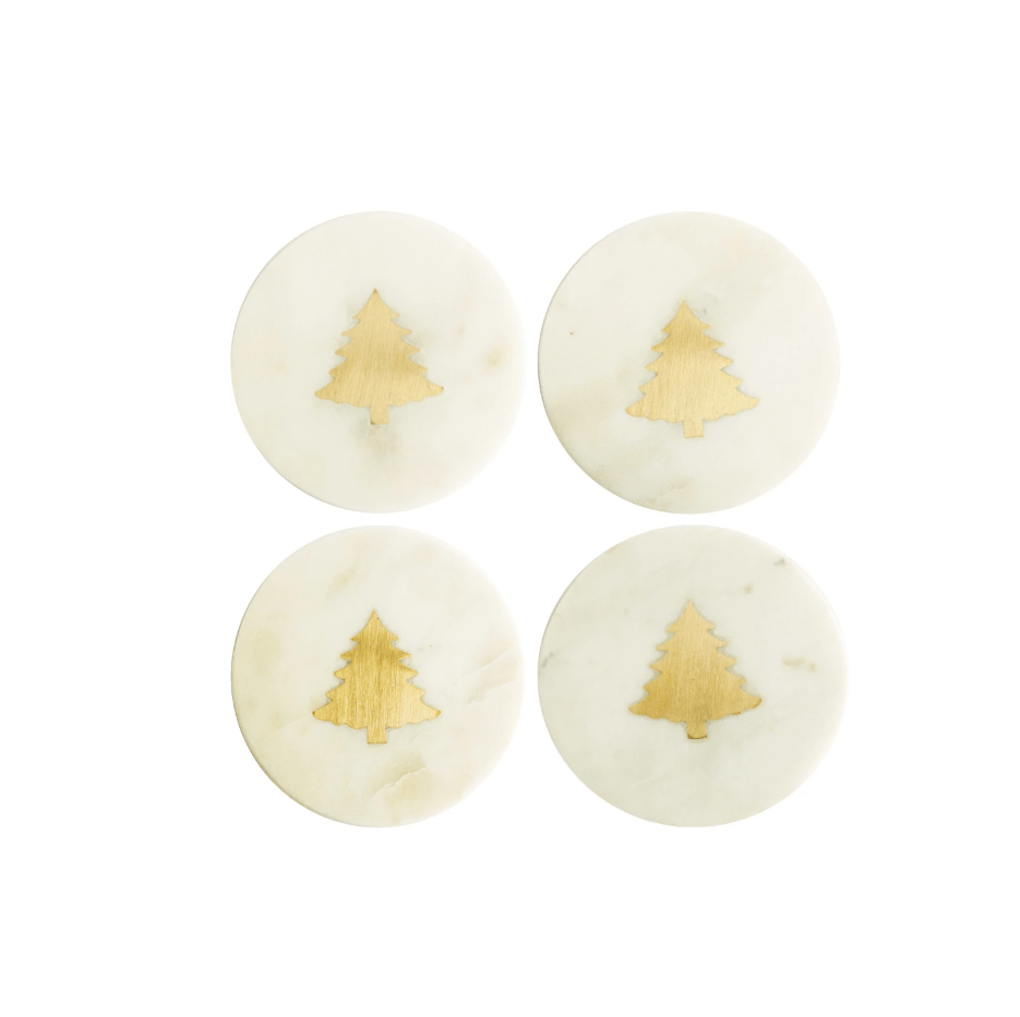Round Marble Coasters with Brass Tree Inlay White 4in 4pc