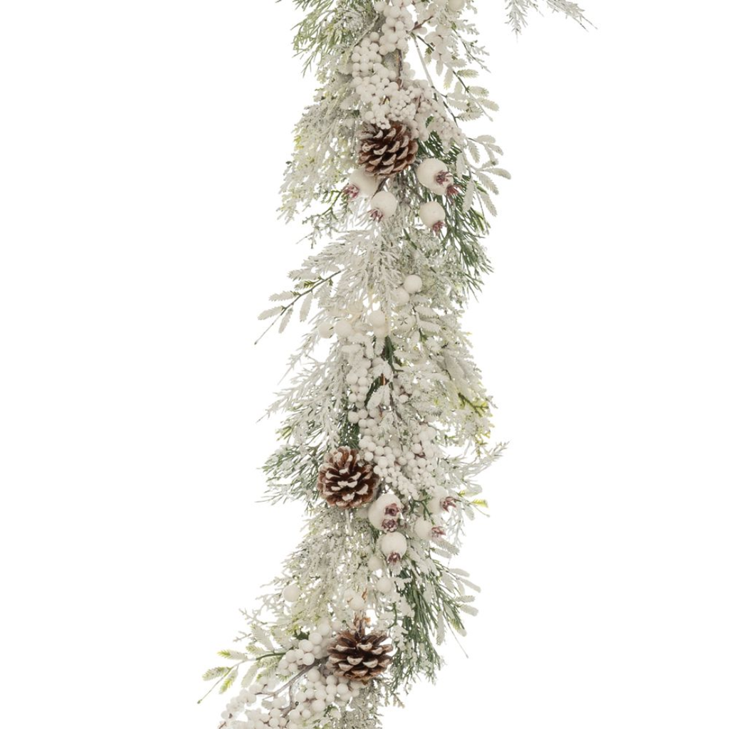 Snowy Garland with Berries and Pine Cones White 71in