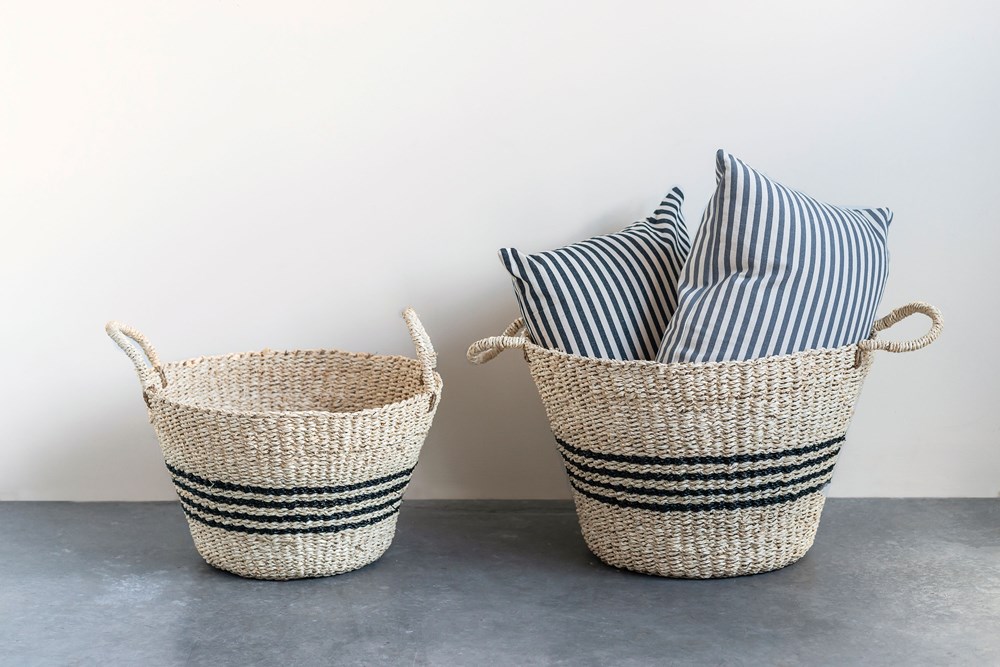 Natural Palm & Seagrass Striped Basket Set