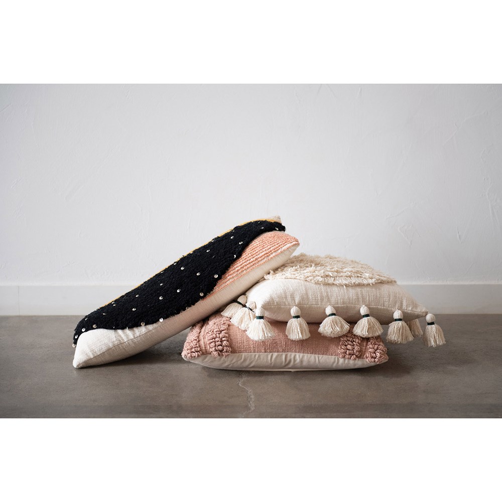 Embroidered Pillow w Fringe Putty 22in