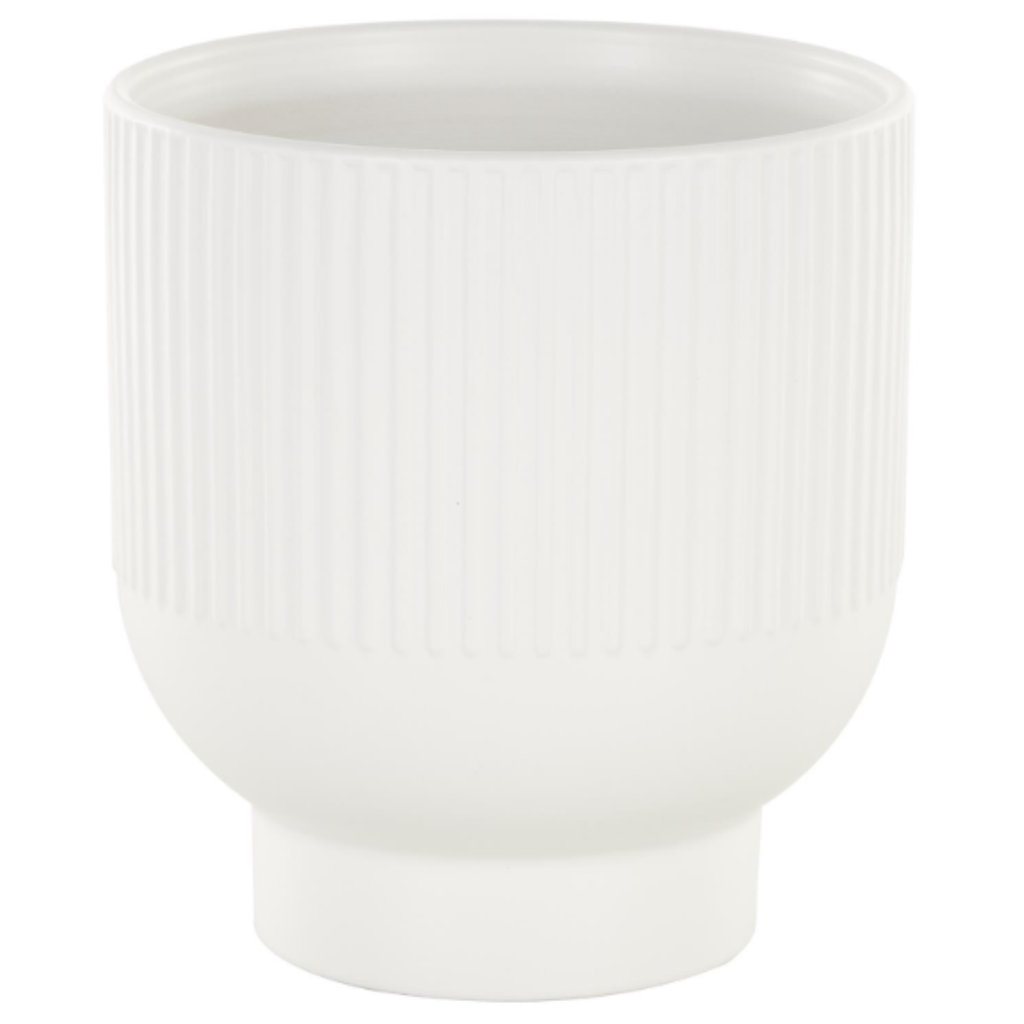Linear Grooved Ceramic Planter White 8in